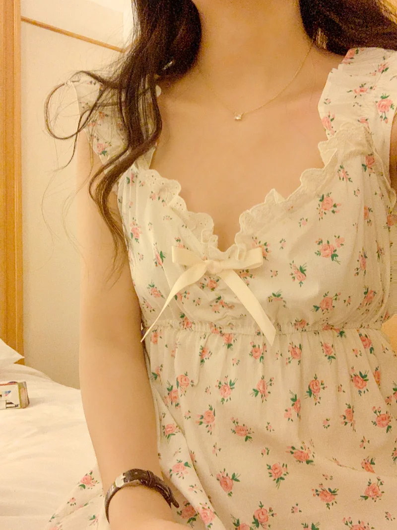 Strapless Sling Ins Home Print Soft Summer Sleepwear Women Korean Style Sweet NightDress Elegant Casual Lace Floral Ins Kawaii