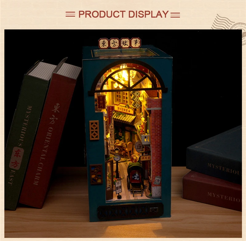 Description Picture 3 of itemRetro DIY Wooden Book Nook Shelf Insert Miniature Kits Chinese Oriental Tale Home Bookend Decoration For Adult Handmade Gifts