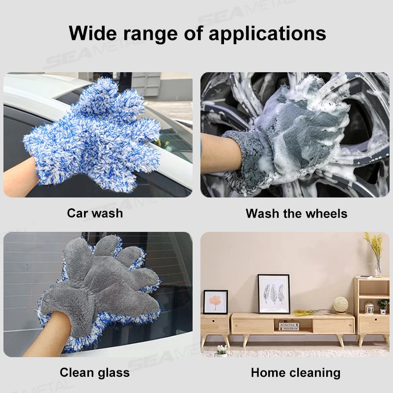 SEAMETAL Five Fingers Car Wash Glove Double Sided Plush Coral Mitt Thick Cleaning Gloves Soft Anti-scratch for Car Wax Detailing car cleaning gloves