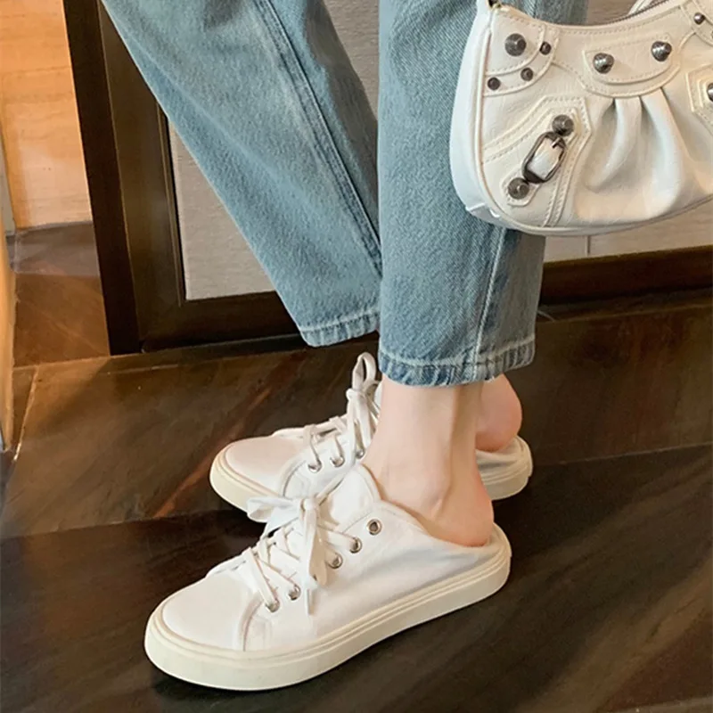 Low Cut Two Wearing Heel Canvas Shoes for Women's Thick Soled Genuine Leather Small White Shoes Versatile Casual Round Toe Board