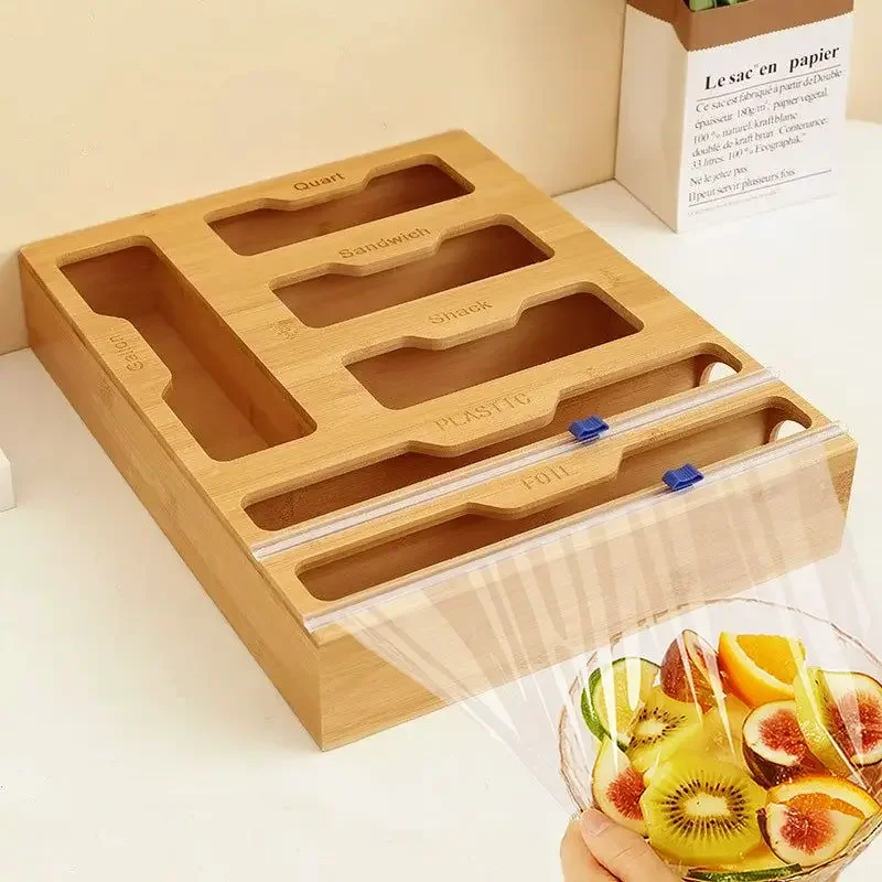 

Bamboo Cling Film Cutting Box Kitchen Plastic Wrap Organizer Accessorie With Cutter Dispenser Four Compartment Storage Boxes