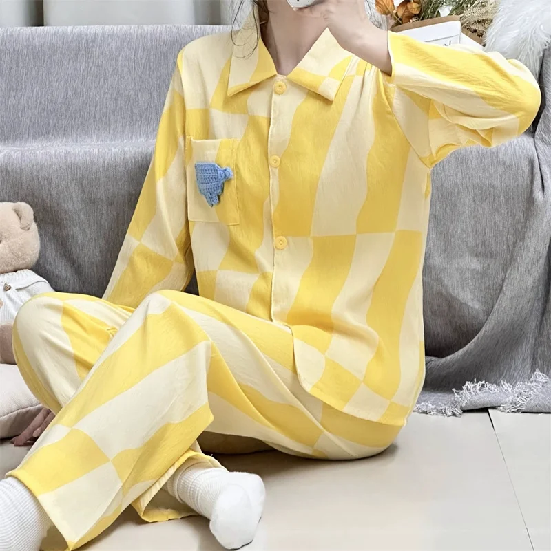 Pyjama-Set für Damen, Neues Cartoon-Baumwoll-Schlafanzug-Set mit Revers und Langen Ärmeln, Hausanzug für Frauen, Pijama-Schlafbekleidung – Detail 2