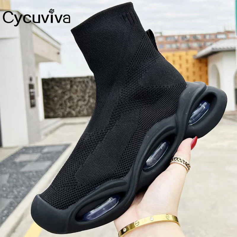 

Designer Knitted Brand Sock Boots For Women Platform Cushion Bottom Trainers Flat Ankle Boots Men Lace Up Sneakers Unisex Male
