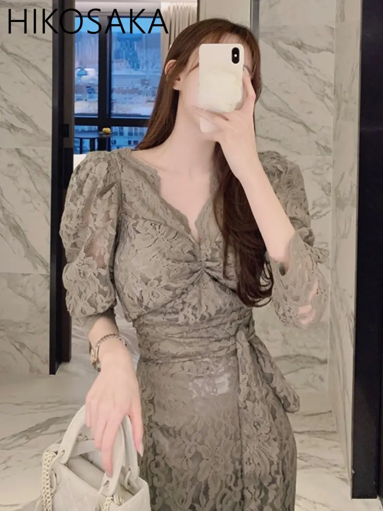 Korean Chic Elegant Temperament V Neck Woman Dress Lace Hook Flower ...