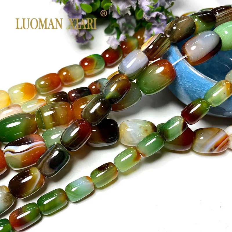 LUOMAN XIARI 100% Natural Peacock Agate Loose Cylinder Gemstone