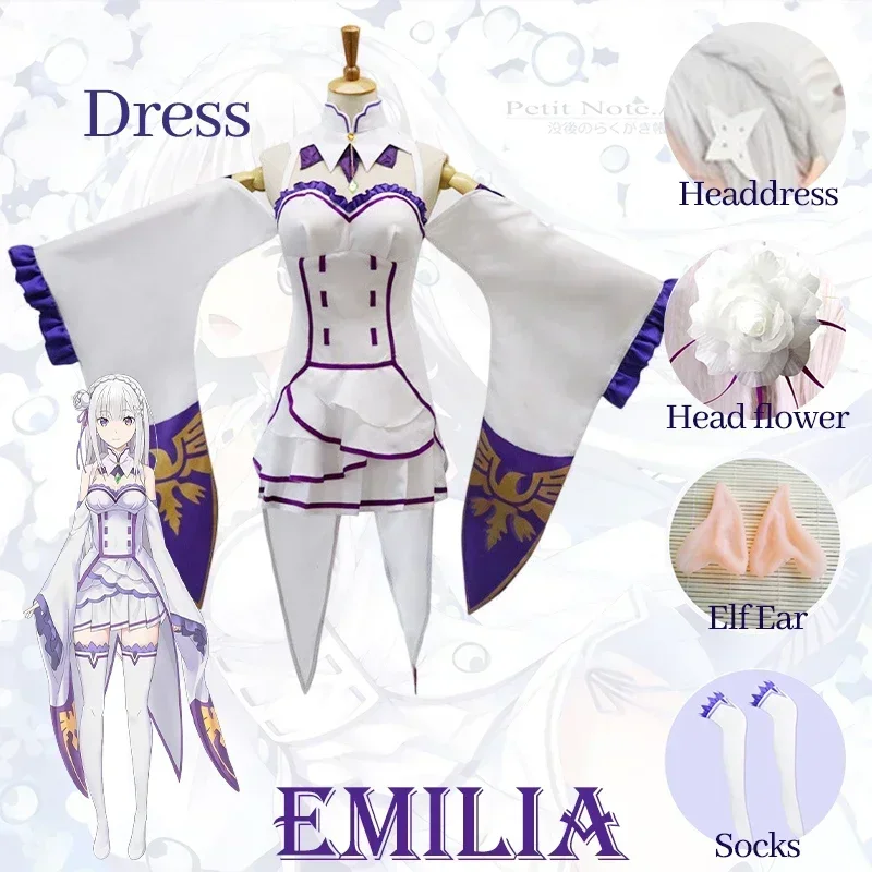 Re Zero Kara Hajimeru Isekai Seikatsu Emilia Cosplay Costumes Women Dress with Headdress for Halloween Party