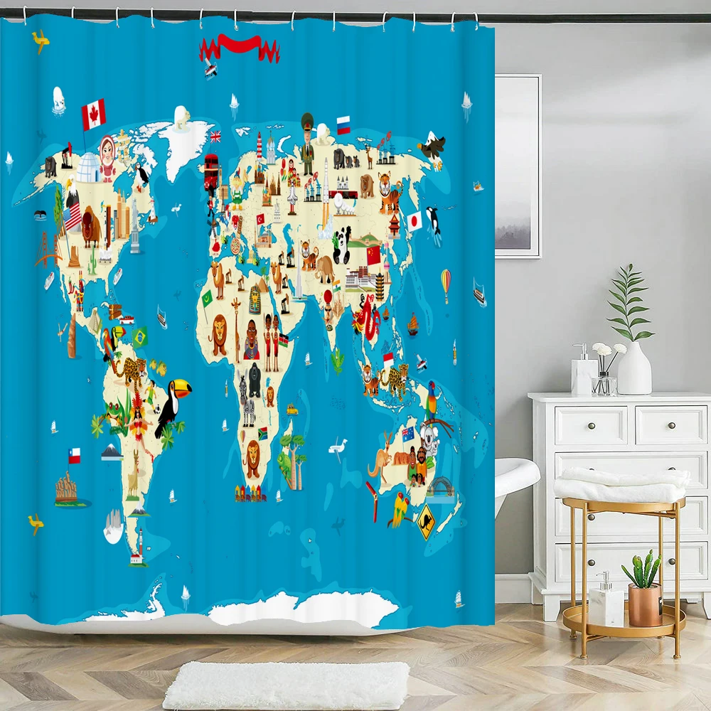 

Funny Cute Cartoon Map of Animals Shower Curtains Bathroom Bathtub Decoration Waterproof Bath Curtain Home Decor with Hooks