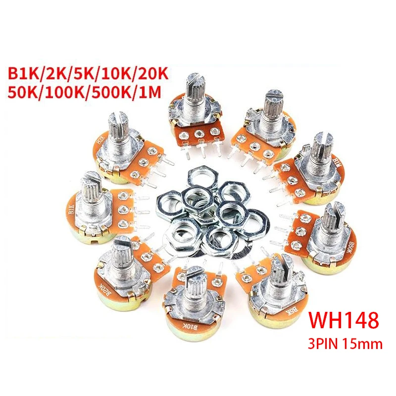 

100pcs WH148 B1K B2K B5K B10K B20K B50K B100K B500K 3Pin 15mm Shaft Amplifier Dual Stereo Potentiometer 1K 2K 5K 10K 50K 100K 1M