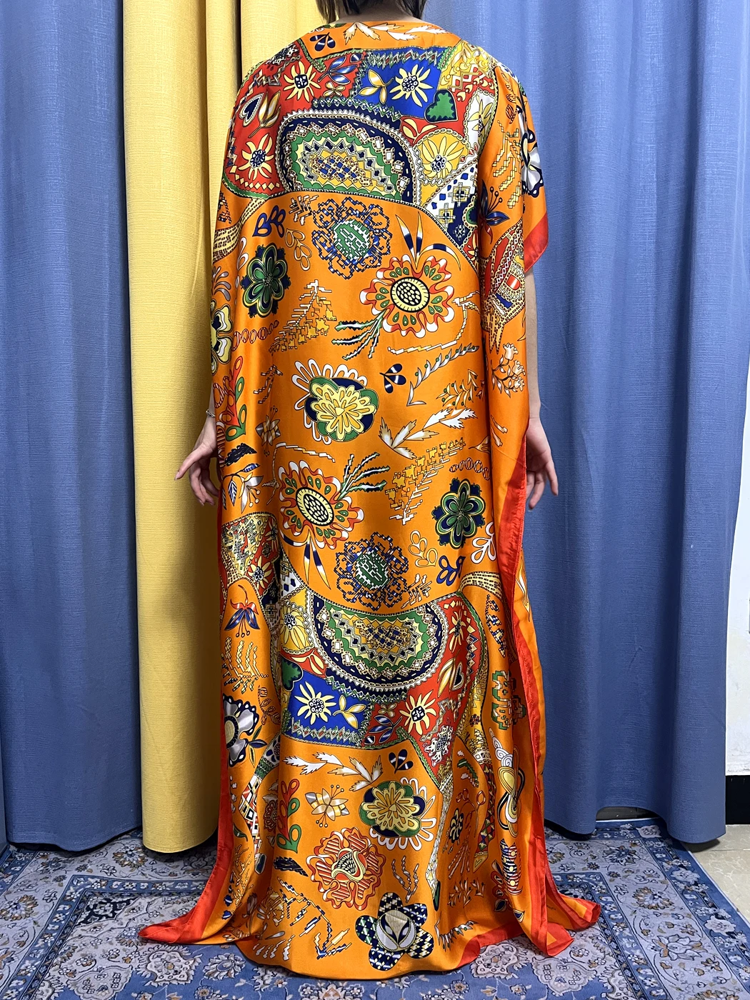 Abayas For Women 2023 Muslim Fashion Orange Silk Printed Floral Loose Femme Robe African Nigeria Soft Summer Dresses With Turban