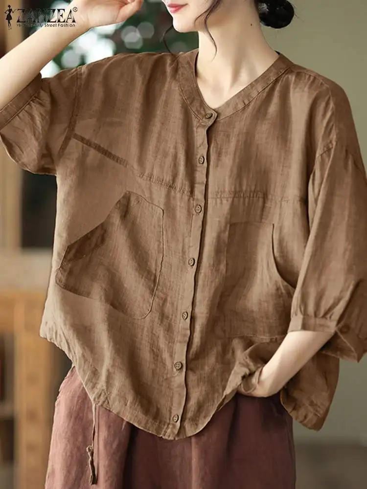 

ZANZEA Fashion Solid Color Tunic Tops Summer Casual Women's Blouse Woman Half Sleeve Shirt Female Elegant OL Work Chemise 2023