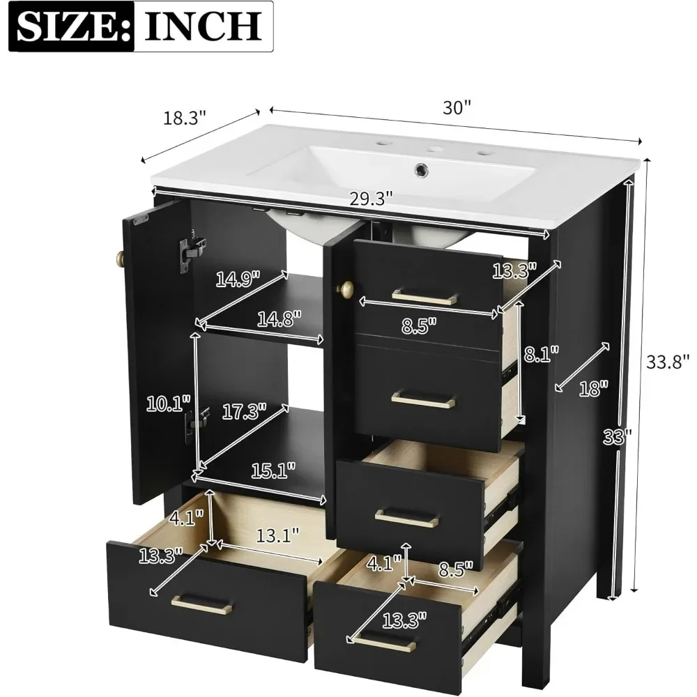 30" Bathroom Vanity , Modern Bathroom Sink Cabinet with 2 Doors and 4 Drawers,  with Undermount Resin Sink, Black 2