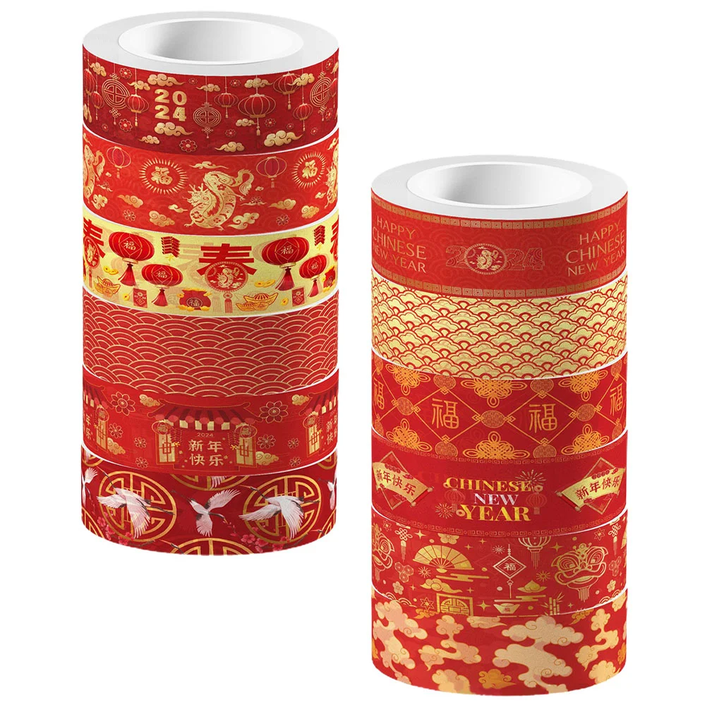 

12 Rolls Washi Tape Chinese New Year Style Red Set 2024 Spring Festival Tapes Diy Label Scrapbooking Dragon Decor