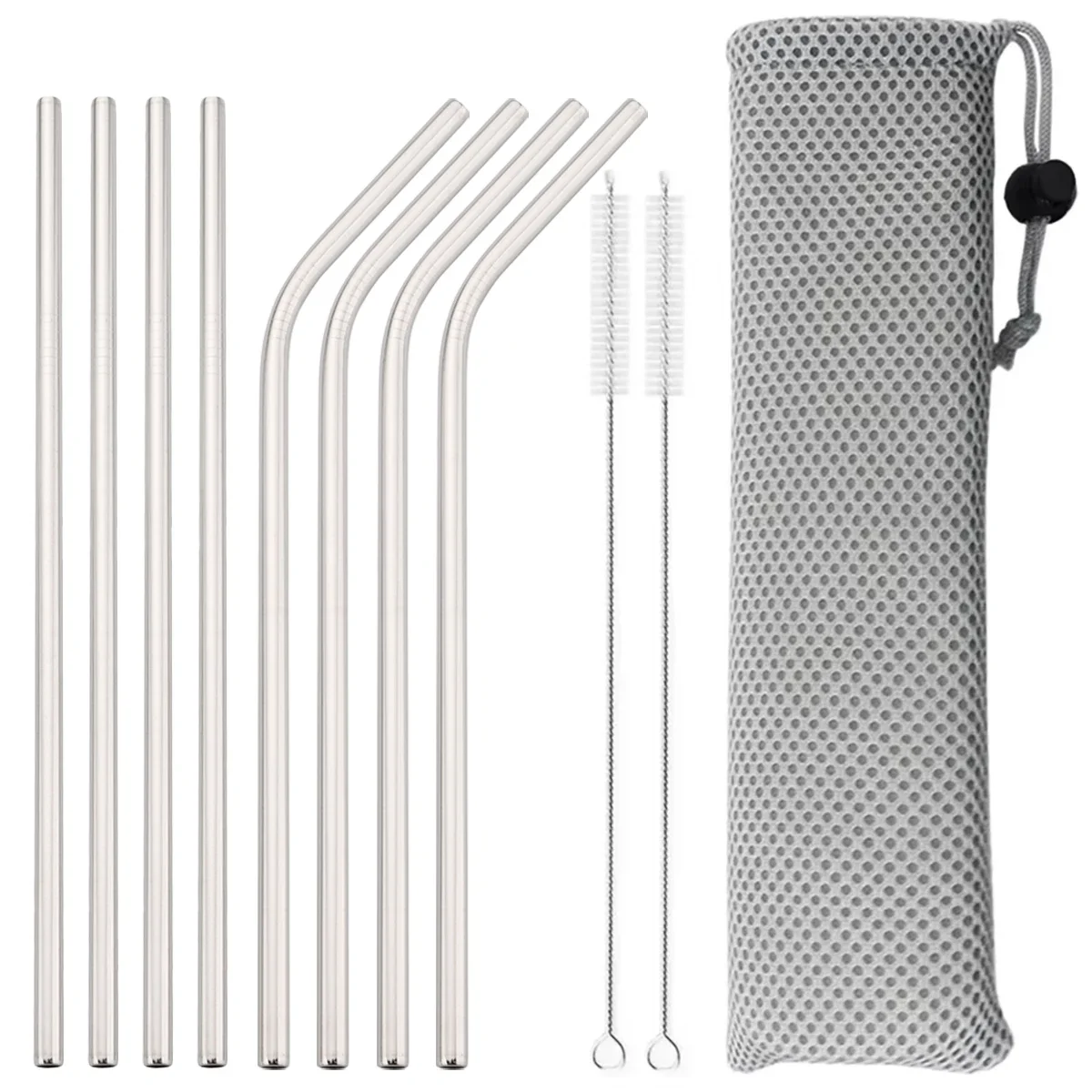 Colorful 11-Piece 304 Stainless Steel Reusable Straw Set with Cleaning Brush and Carry Bag
