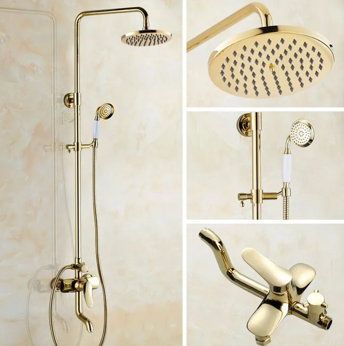 

Rainfall/Handheld Shower Faucet Set Golden Brass Wall Mounted Bathroom Bath Tub Hot And Cold Water Taps Kit 2gf314