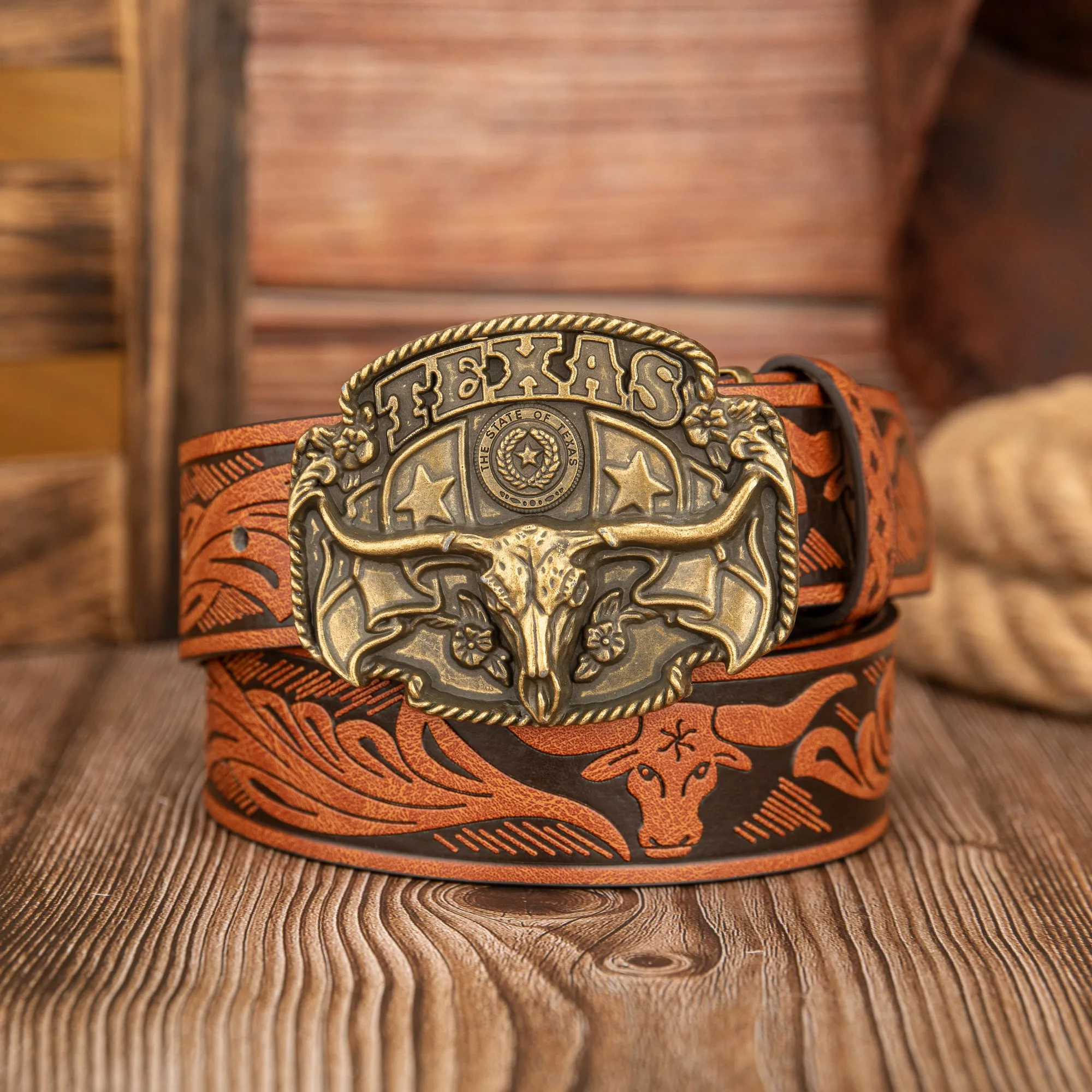 Vibrant Texas Bull Head Embossed Belt with Colorful Buckle Design