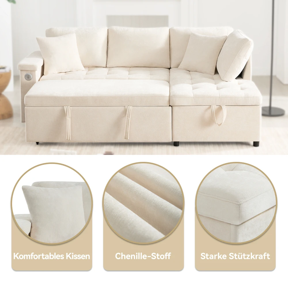 Wohnzimmer L-förmiges Sofa mit Ausziehbett, Ausgestattet mit Stauraum, USB-Ladegerät, Armlehnen-Stauraum und 2 Kissen – Detail 9