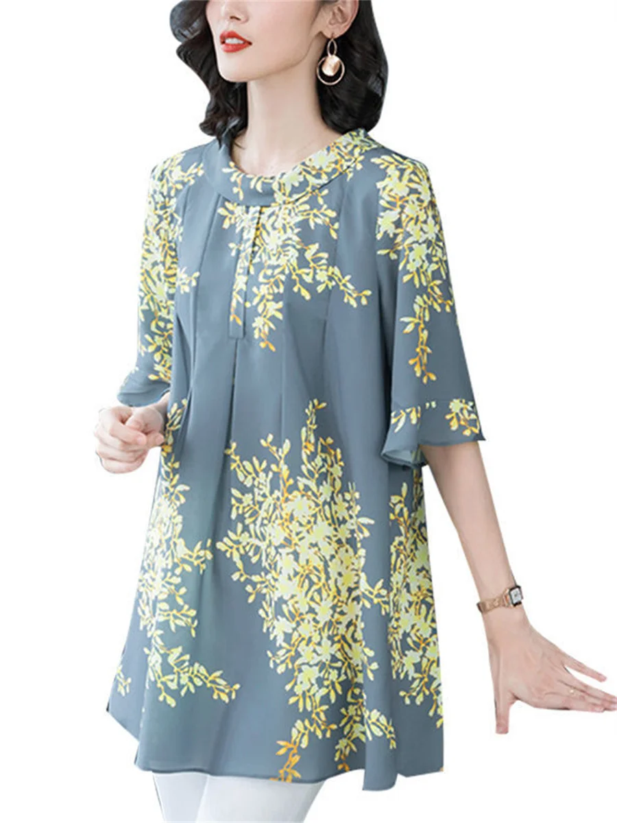 

5XL Large Size Women Spring Summer Blouses Shirts Lady Fashion Casual Short Sleeve O-Neck Collar Flower Blusas Tops WY0456