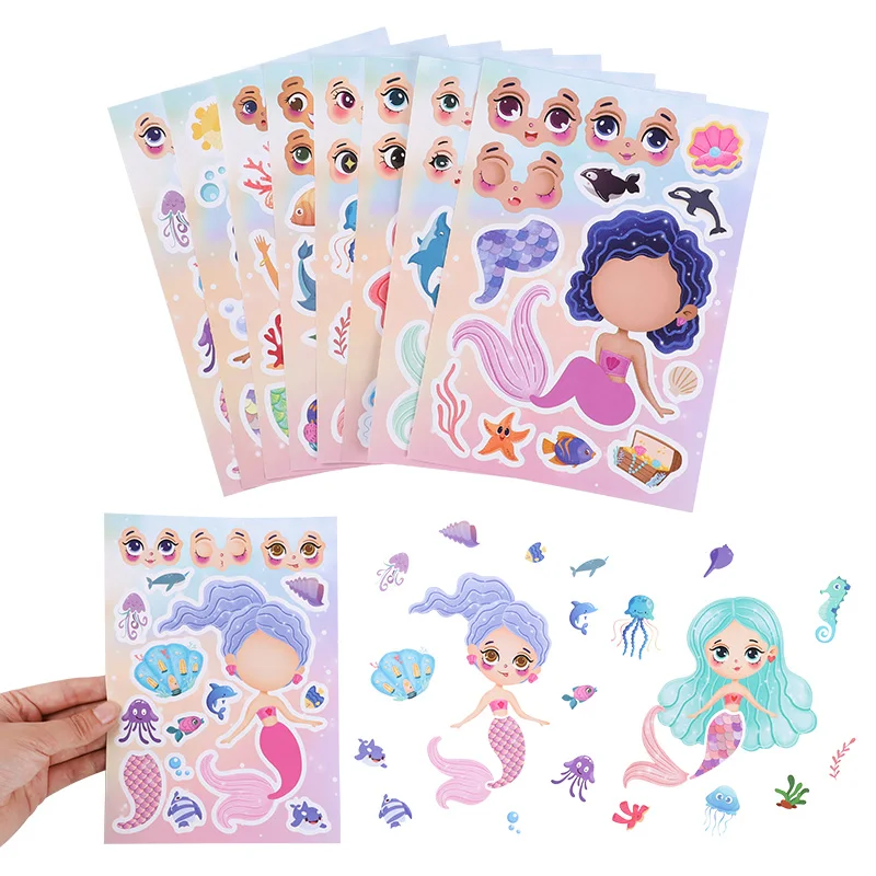 Cartoon Mermaid Puzzle DIY Make a Face Stickers Kids Mermaid Birthday Party Decoration Gift Game DIY Assemble Decal Jigsaw Toys