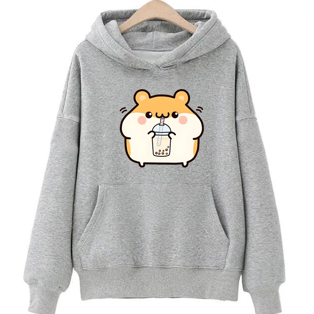 Cute Boba Tea Hamster Graphic Fleece Hoodie – Unisex Casual Winter Sweatshirt