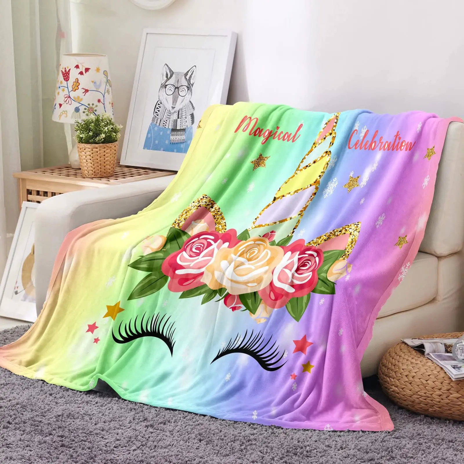 

Cute Rainbow Unicorn Fleece Blanket for Girl Birthday Gift Kawaii Cartoon Flannel Bedding Fluffy Soft Cozy Warm Throw Blankets