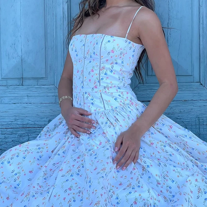 Candyhot Elegant Slim Pleated Print Sleeveless Maxi Dresses Aesthetic Off Shoulder Spaghetti Strap Dress Women Party Vestidos 5