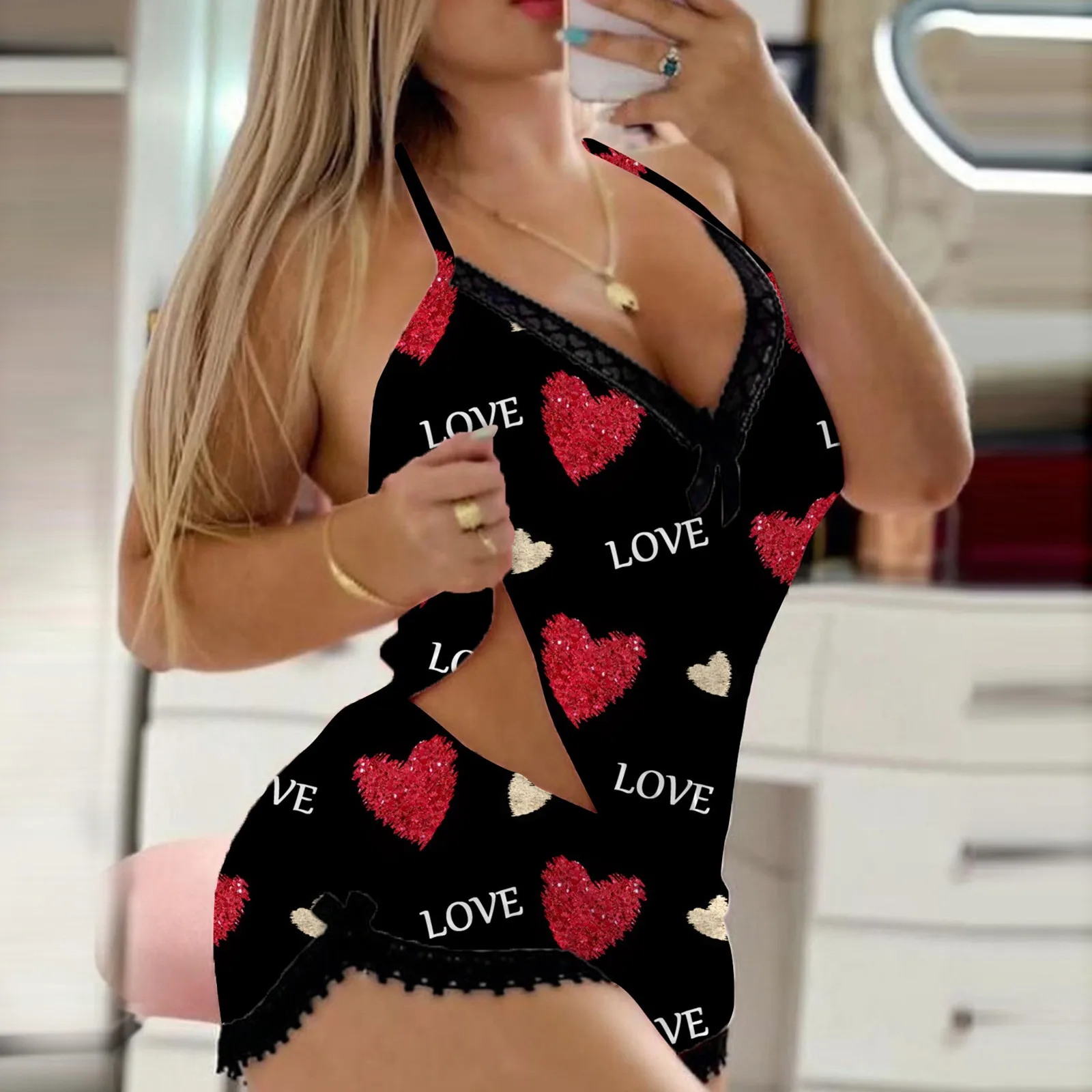 

Sexy Love Print Pajamas Set Women Halter Backless Sleeveless V Neck Camisole Elastic Waist Shorts Valentine Sleepwear Loungewear