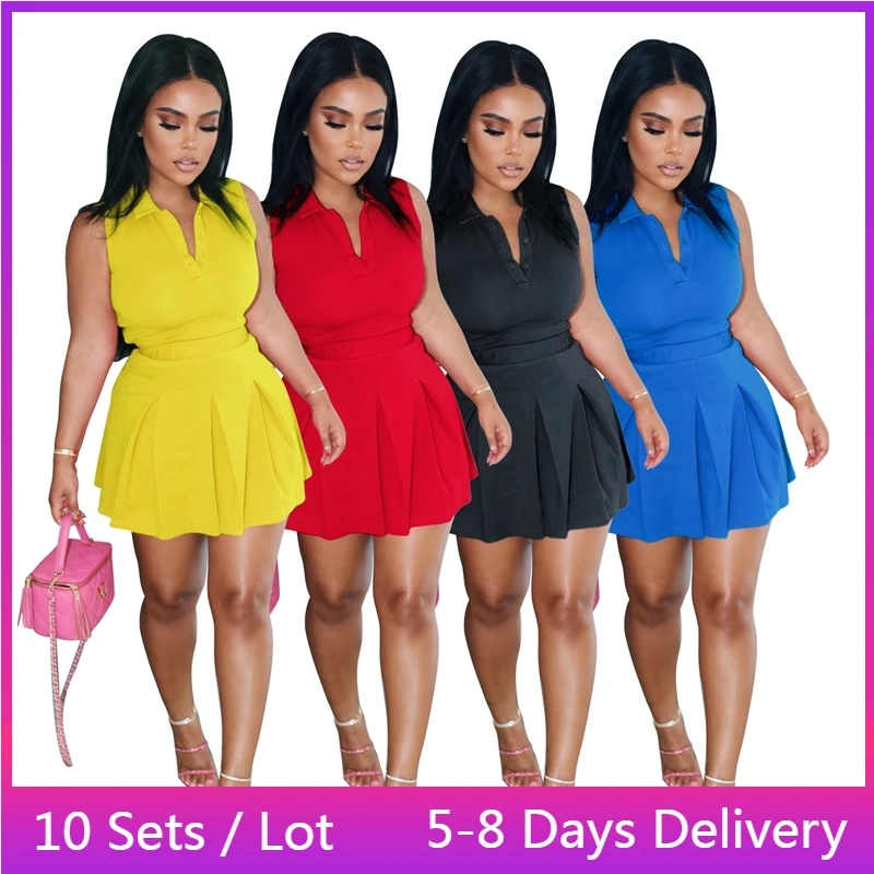 

Wholesale Items Summer Skirt Two Peice Set Women Polo T-shirt Top + Ruffle Pleated Mini Skirt Set Fashion Casual Matching Sets