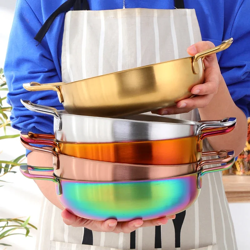 Stainless Steel Korean-Style Seafood Double-Handled Pot, Flat-Bottomed for Home Use, Mini Double, Golden, Compact Soup cookware