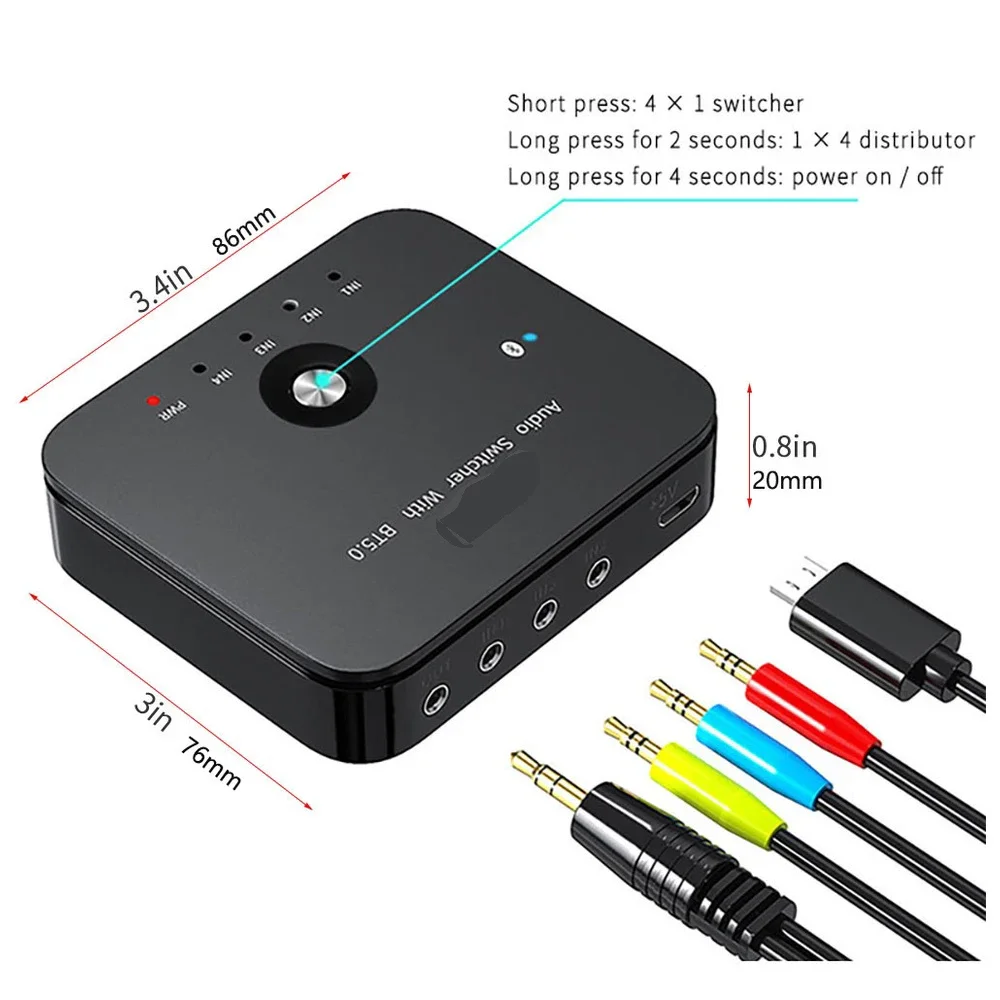 Wireless Bluetooth 5.0 Receiver Audio Adapter 4-port 3.5mm AUX 4 In 1 Out/1 In 4 Out Switcher Type-C Audio Splitter for PC TV