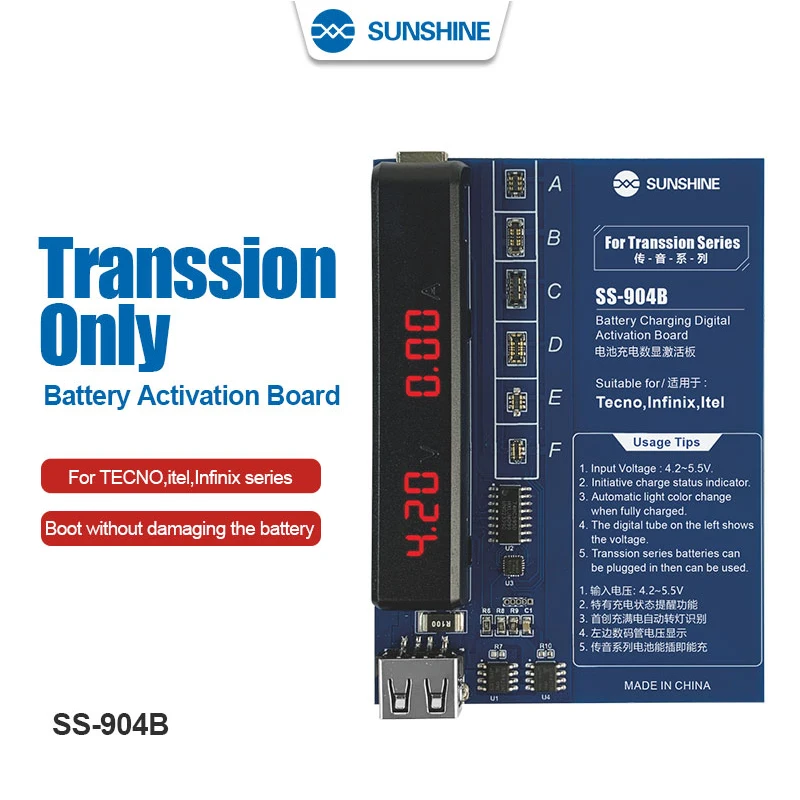 SUNSHINE SS-904B Transsion only Battery Activation Board  For TECNO itel Infinix Series Charging Tester Repair Tool Accessories sunshine ss 903a 8 0 ip battery activation charging board for ip5g 15pm series no removal phone battery smart activation tools