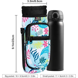 Portable Water Bottle Carrier Bag with Adjustable Strap and Dual Pockets (Colorful Leaves)
