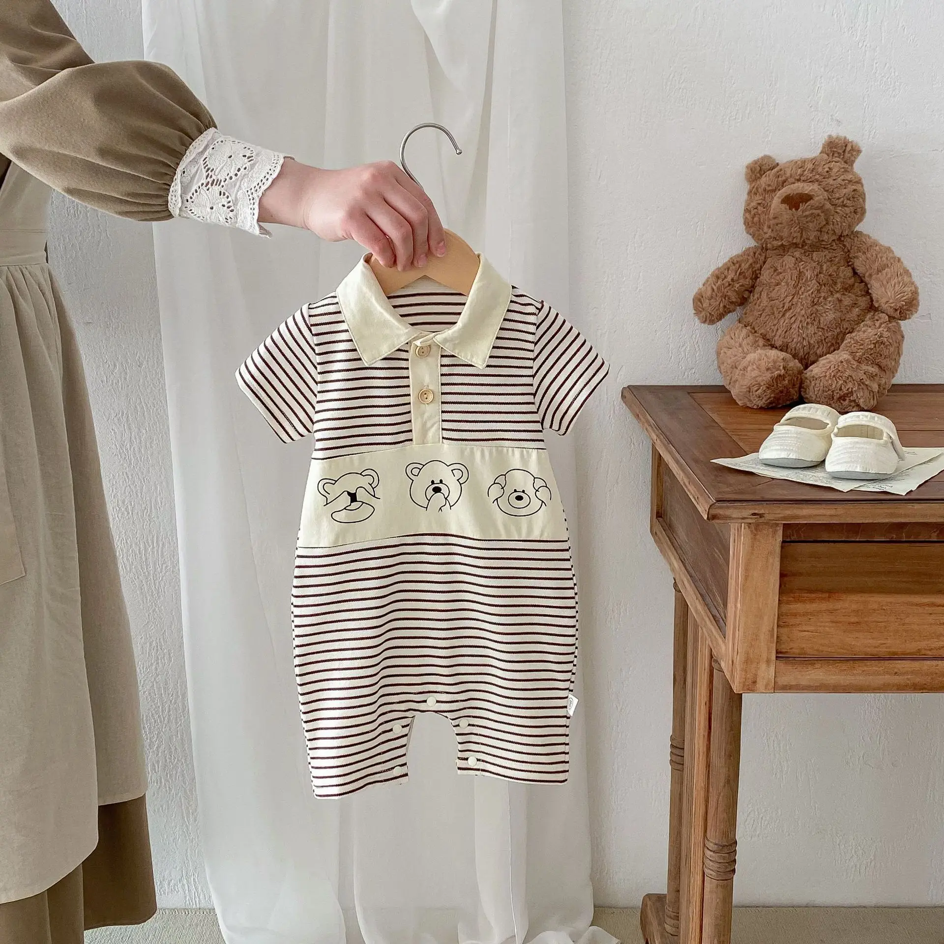 

Korean Summer Newborn Boy Jumpsuit Cotton Striped Spliced Cartoon Polo Baby Boys Romper Short Sleeve Infant Boy Bodysuit