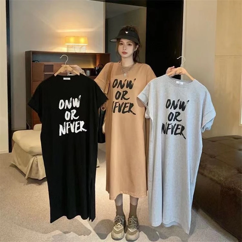 

Women Summer T-shirt Dress Letter Printed Short Sleeve Dresses Plus Size Loose Fitting Long Dress Korean Version Female Clothing
