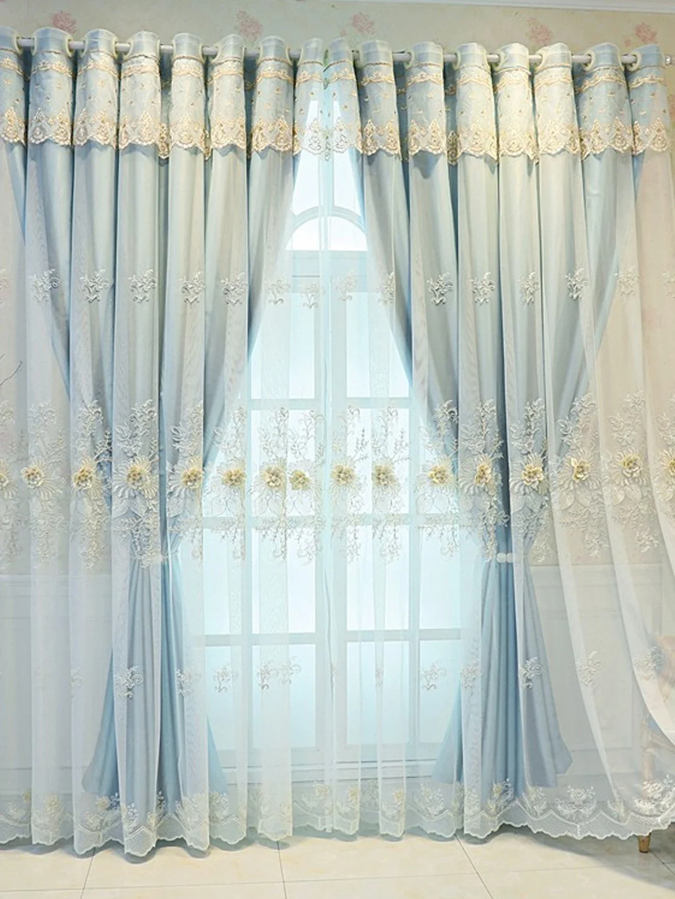 Fabric and Yarn Double-layer Integrated Curtains 1PC High End and Minimalist Embossed Embroidered Curtains 3