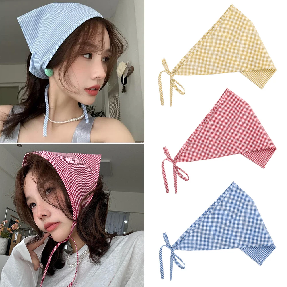 

Ins Korean Plaid Triangluar Headscarf Summer Women Bandanas Headwear Girl Scarf Headband Turban Cap Photo Props Hair Accessories