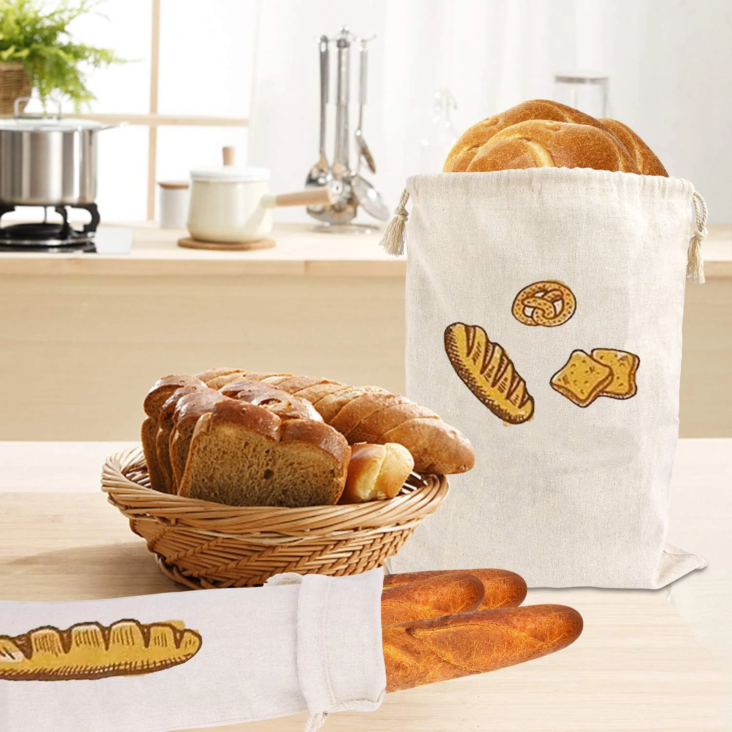Relaxdays Sacchetto Portapane, Set Da 4 Buste Porta Pane, Frutta E Verdura Borsa Stoffa Per Grissini 2 Misure Beige 92563320