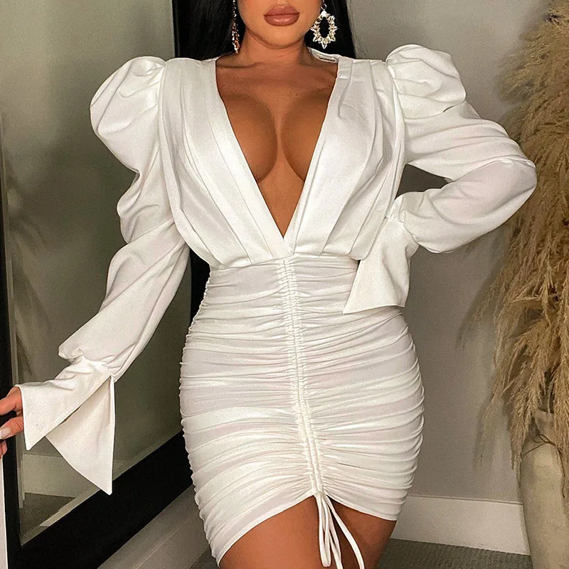 

Sexy Deep V-neck Drawstring Ruched Bandage Bodycon Dresses Women Nightclub Party Flare Sleeve Birthday Dress Vestidos Cortos