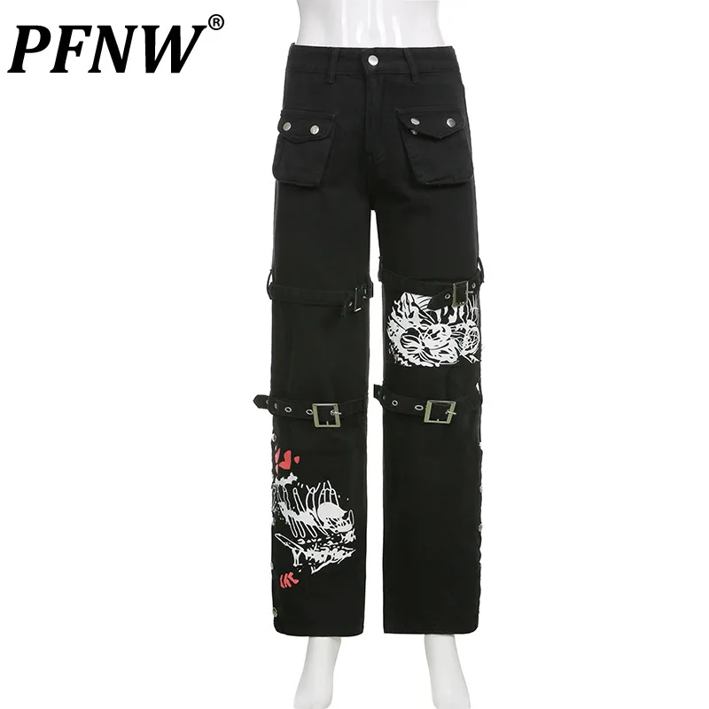 

PFNW 2023 Men's Fashion Printed Multi-pocket Design High Waist Cargo Jeans Metal Buckle Denim Adjustable Long Pants 12A6438