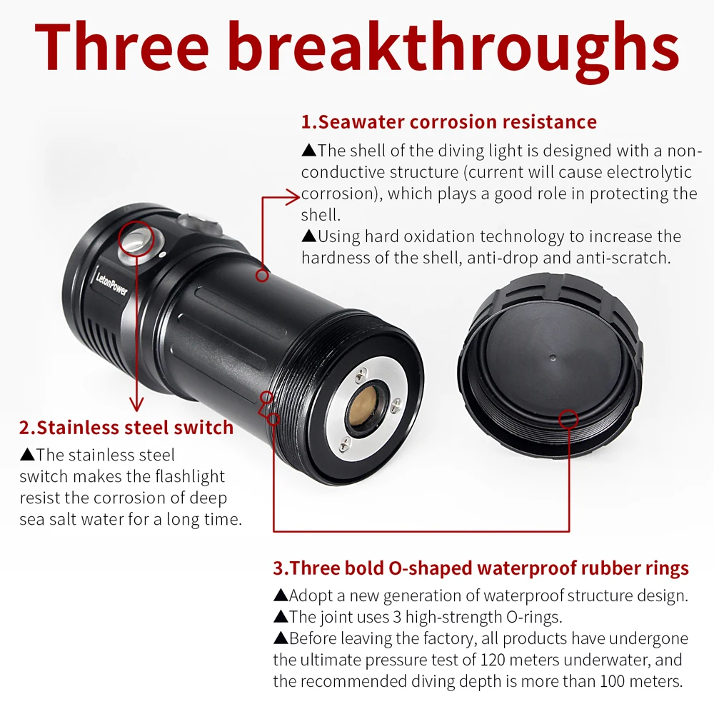 LetonPower Diving Flashlight 22800Lumens rechargeabl Underwater Lighting 100m Waterproof Torch For Photography Video Fill Light - Image 3