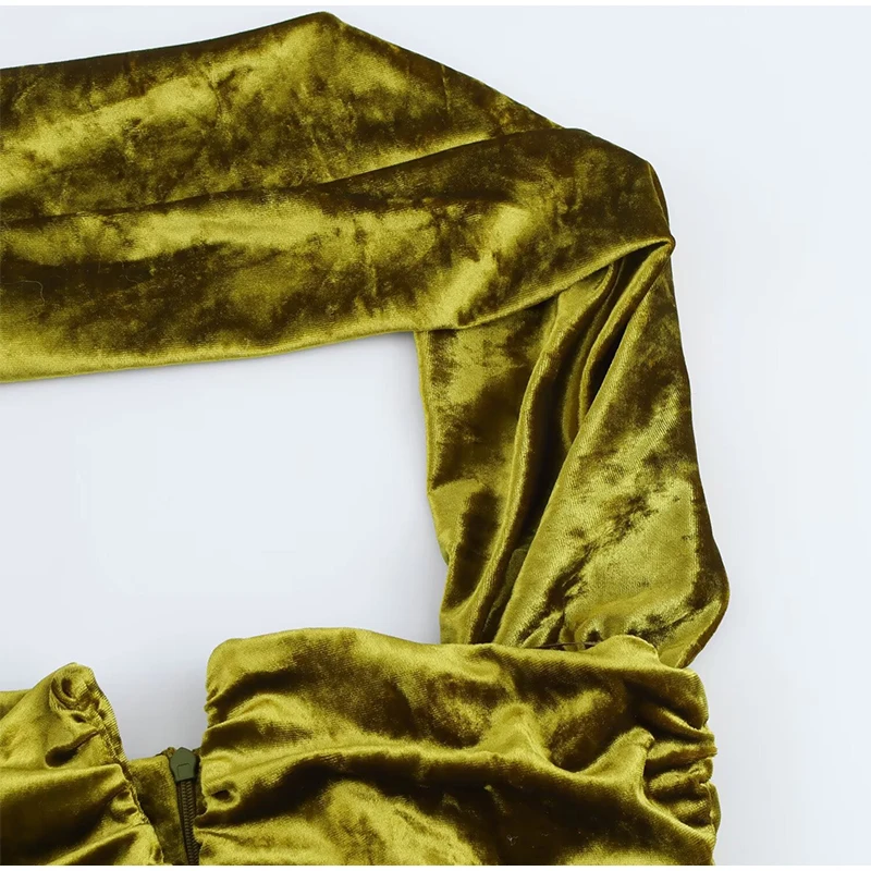 Elegant Halter Velvet Midi Dresses Women Backless Pleated Zipper Green Party Dress Female 2025 Spring Summer Lady Slim Fit Robes