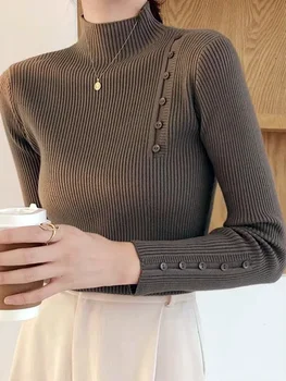2025 Autumn Winter Female Sweaters Soft Warm Bottoming Tops Women Knitted Sweater Long Sleeve Button Turtleneck Slim Pullovers