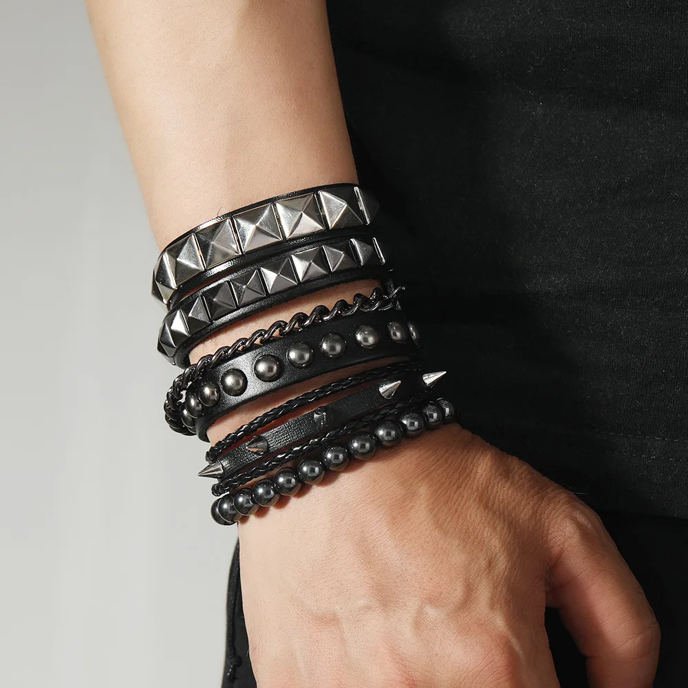 Vintage Leather Bracelets Punk Row Cuspidal Spikes Rivet Stud Wide Cuff PU Leather Punk Gothic Rock Unisex goth accessories 1