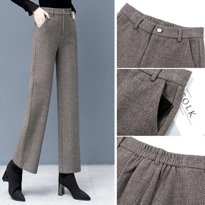 Winter Woolen Suit Pants Women High Waist Wide Leg Pants Office