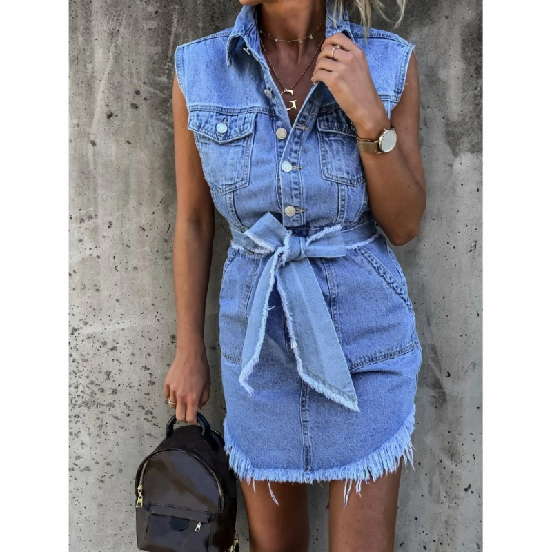 

Женское рваное джинсовое платье с бахромой, джинсовое платье в стиле ретро для колледжа, летняя модная повседневная одежда с ремнем без рукавов, 2021