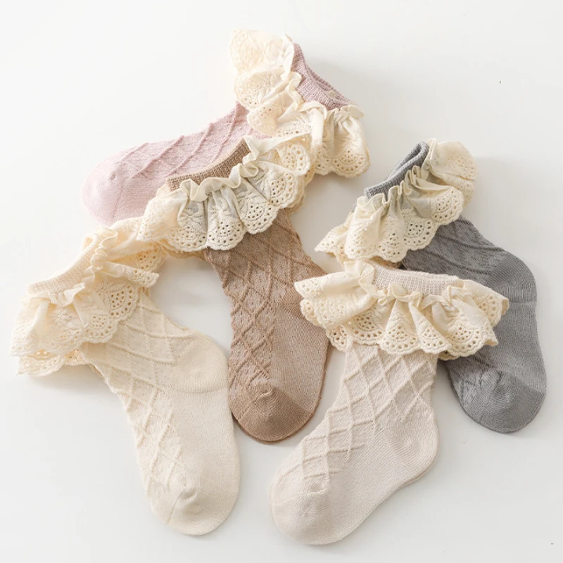 1 Pair Spring Summer Baby Ruffle Socks Soft Cotton Solid Color Socks for Baby Girls Newborn Infant Toddler Princess Socks 0-6Y