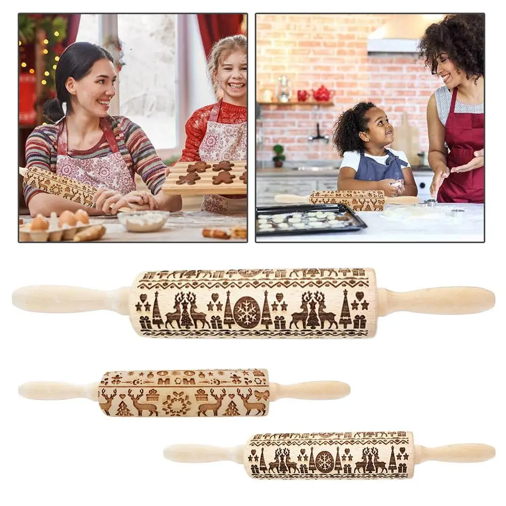 

1pc Wood Christmas Printing Rolling Pin Carvings Embossing Crafts Christmas Pin Supplies Pastry Kitchen Cookies Rolling Bak Q7R8