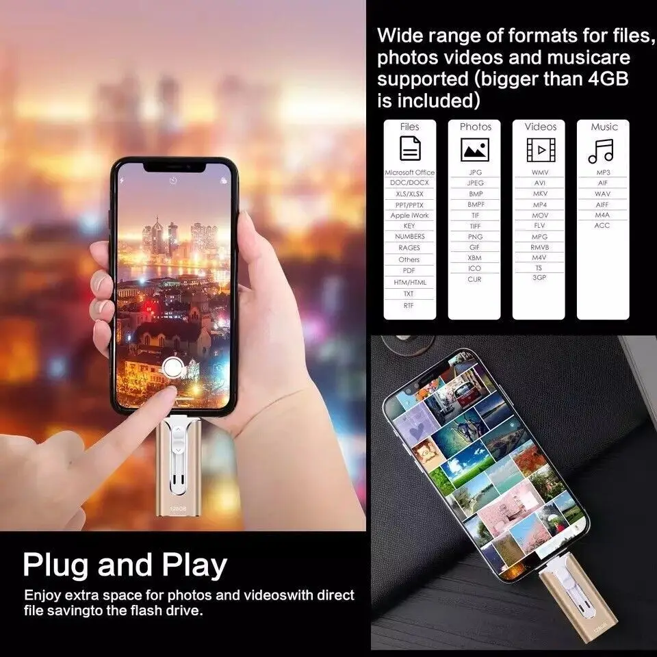 아이폰, 타입C, 안드로이드, PC용 4-in-1 외장 플래시 드라이브, USB 3.0 메모리 스틱, 사진 및 파일 백업용 펜 드라이브