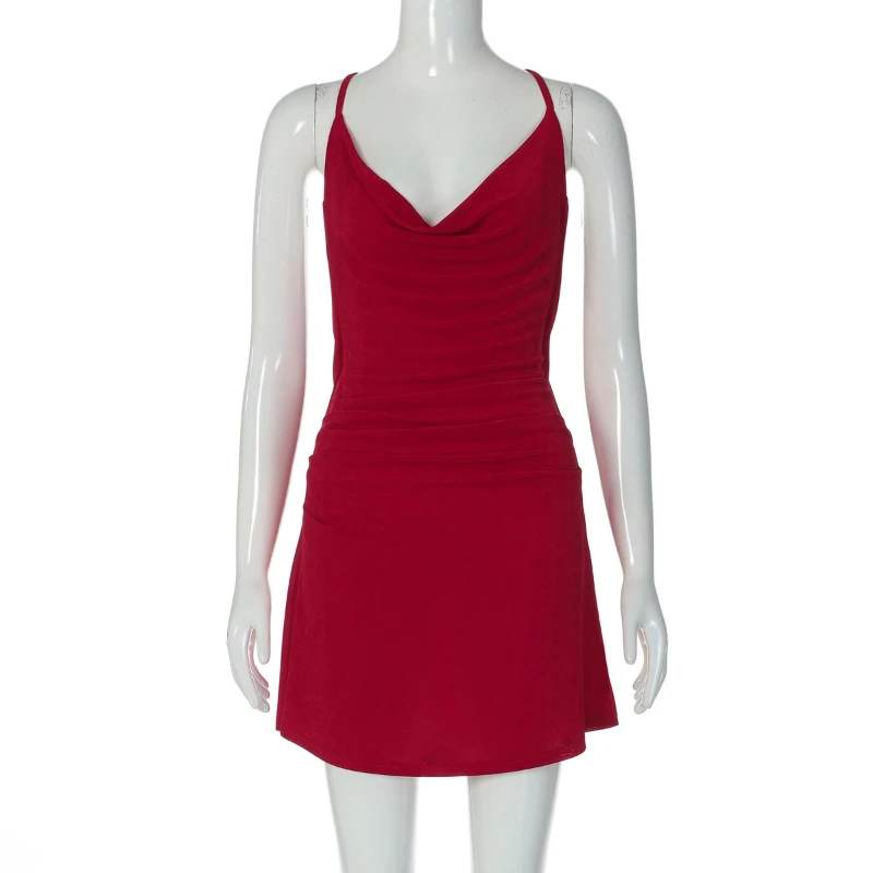 Fashion Summer Y2k Neck Deep V Suspender Women's Slim-fit Dress Sexy Pleated Backless Solid Color Lace-up Bodycon Mini Skirt