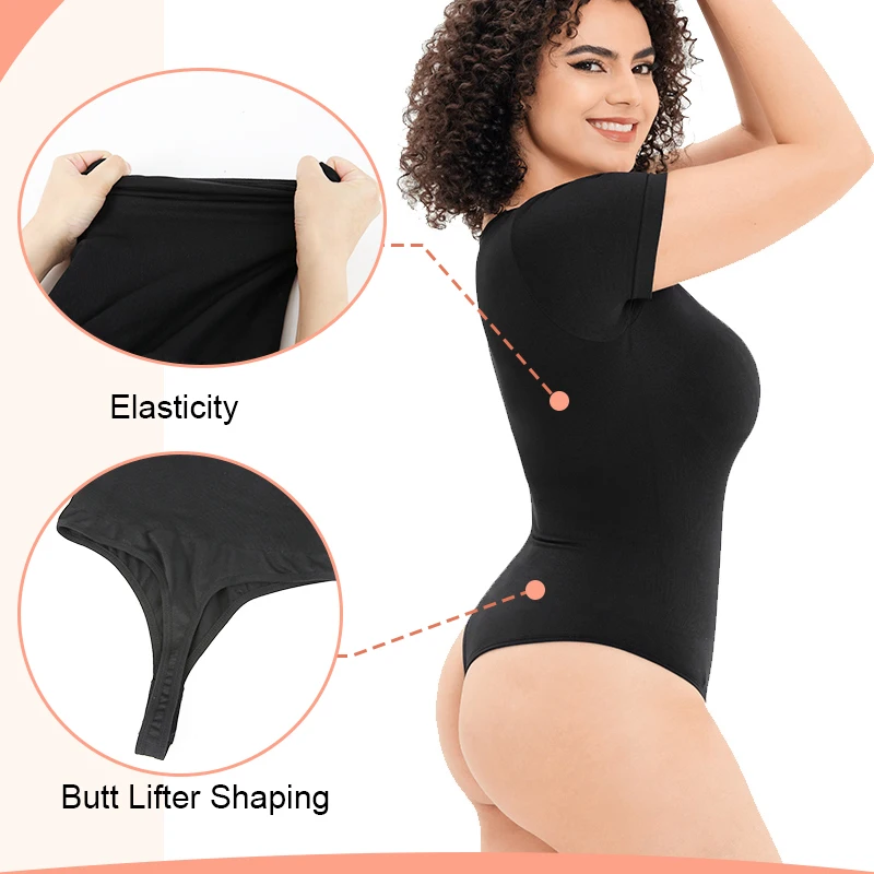 Women's Bodysuits Sexy Ribbed Short Sleeve Square Neck Tank Tops Waist Shaping Tummy Control Butt Lifter Thong Shaper Corset