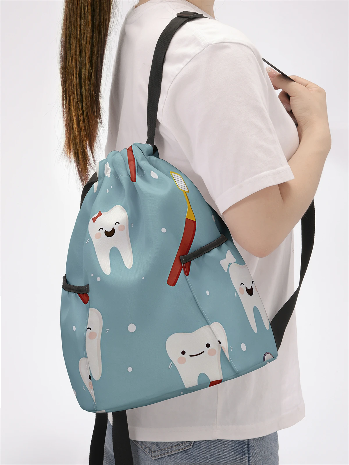 Tooth Pattern Pulling Rope Backpack - Large Capacity Durable Fitness Bag, Adjustable Shoulder Strap, Sports Beach Backpack